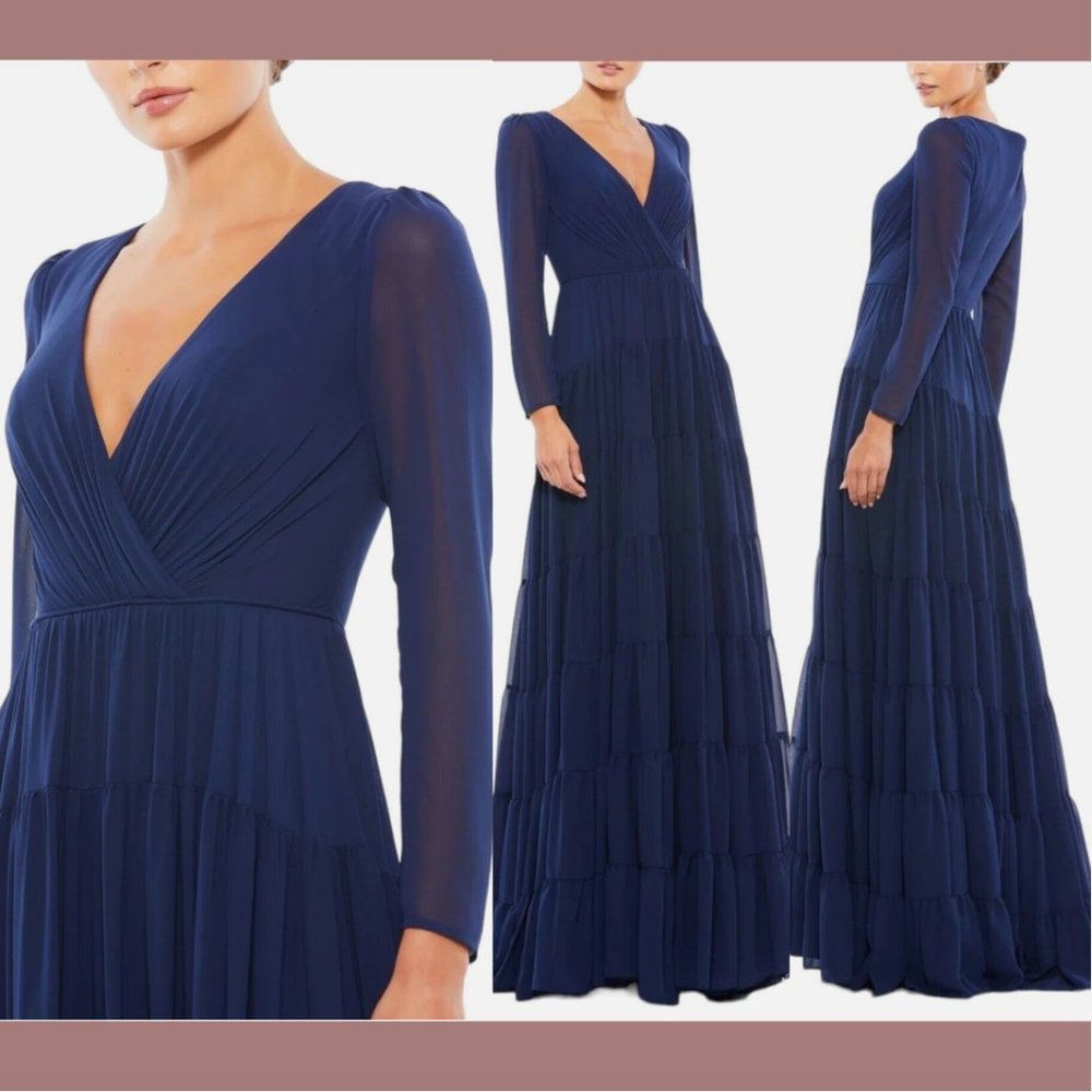 NEW $398‎ IEENA for Mac Duggal [ 4 ] Long Sleeve Chiffon Ruffle A-Line Gown Blue
